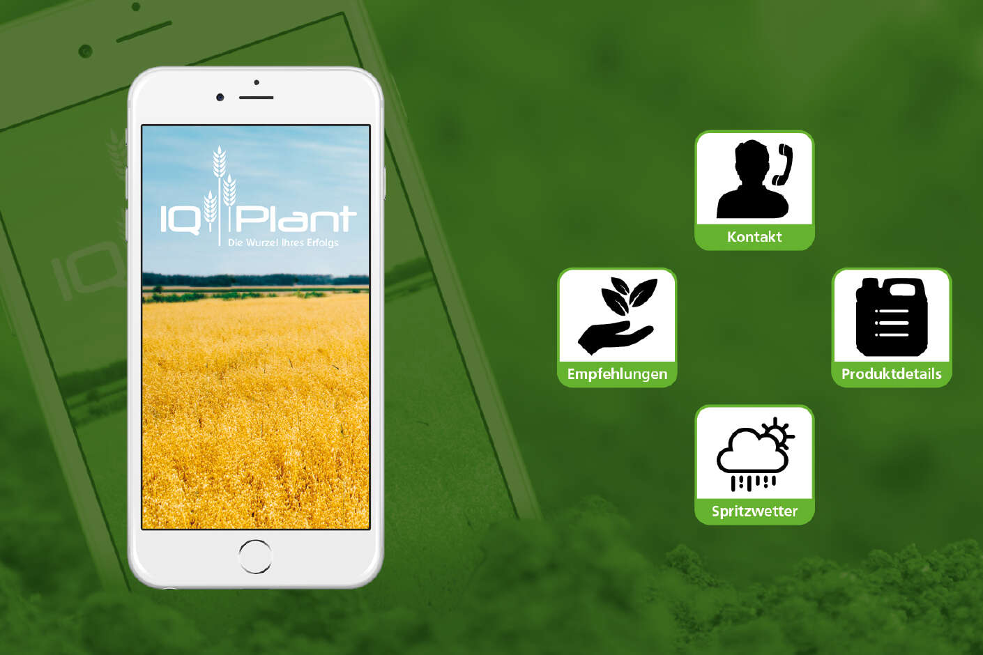 Darstellung IQ-Plant-App auf einem Smartphone mit den Anwendungen Kontakt, Produktdetails, Spritzwetter %26 Empfehlungen