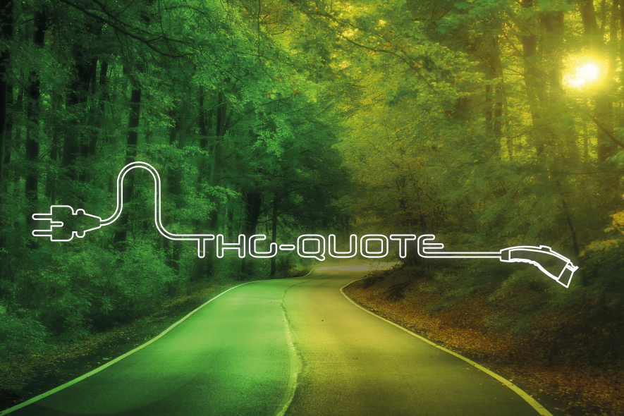 Der Schriftzug THG-Quote über einer Straße, die in den Wald führt. Das Bild hat einen grünen Filter.