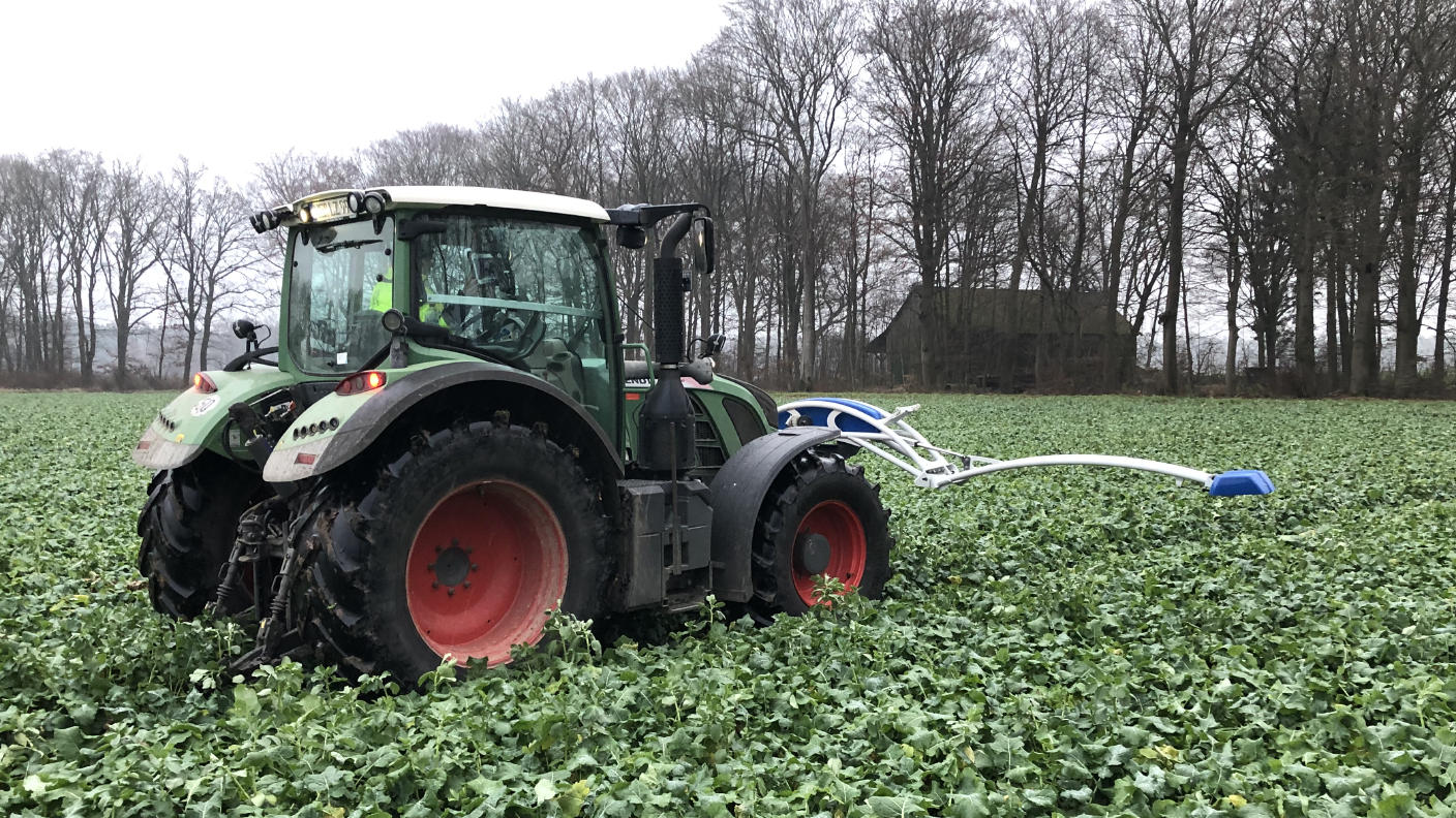 Fendt-Traktor auf Rapsfeld mit Isaria Pflanzensensor zur Düngung