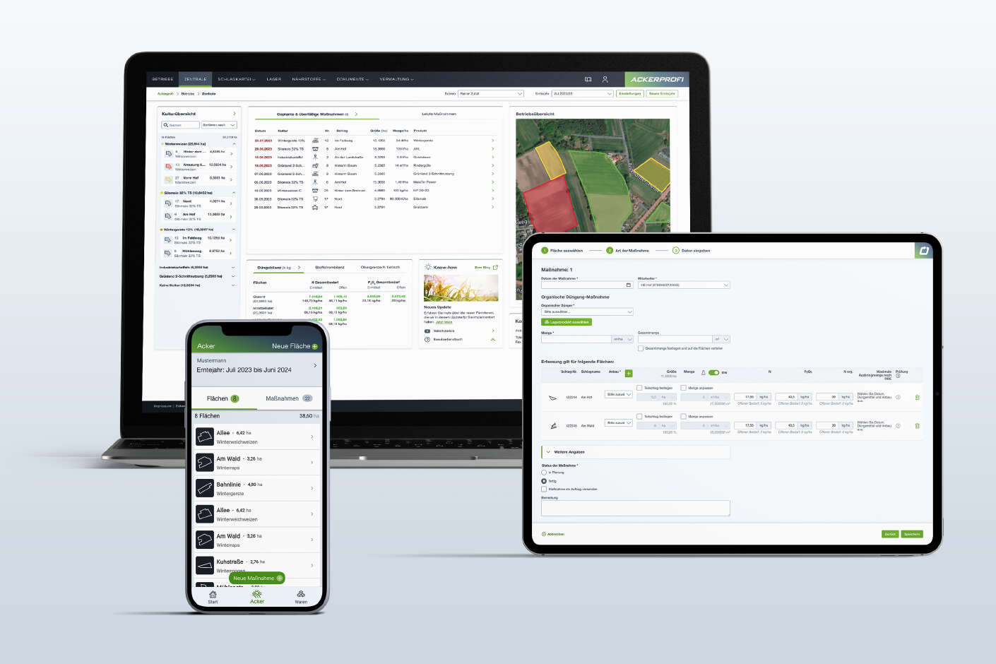 Laptop, tablet and cell phone each with the Ackerprofi interface open