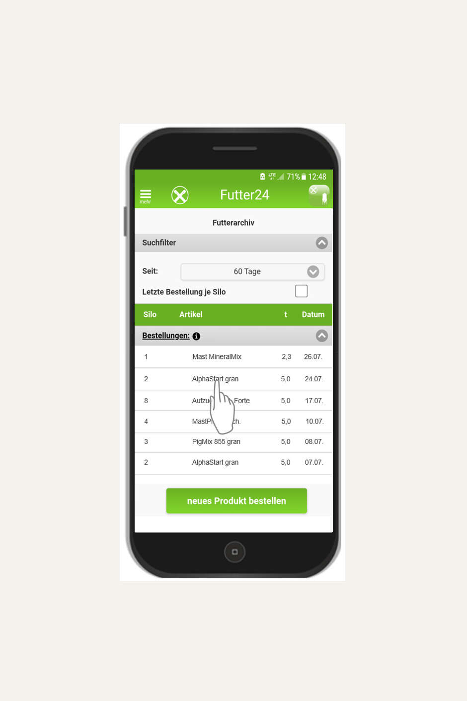 Ein Screenhot von der Futter24 App auf einem Smartphone