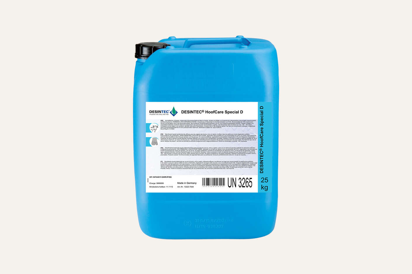 Ein blauer Kanister mit dem Mittel Desintec Hoofcare.