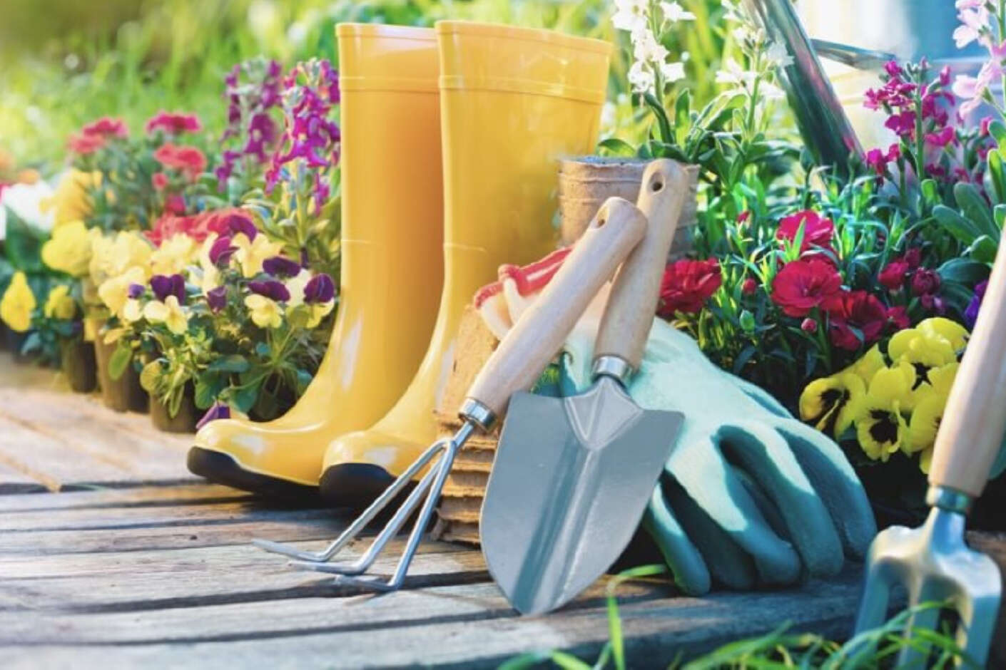 Gummistiefel und Gartenhandschuhe vor Blumenbeet
