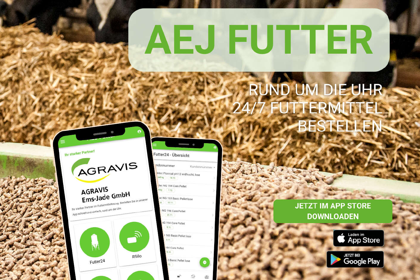 Zwei Smartphones mit AGRAVIS-App vor Futtermittel. Text: AEJ Futter – 24/7 Futtermittel bestellen