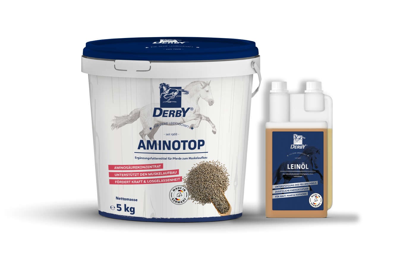 DERBY Produkte DERBY Aminotop 5 kg Eimer und DERBY Leinöl ind der 1 Liter Flasche