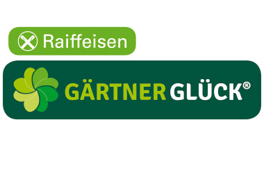 grün-kleines Raiffeisenlogo über Gärtnerglück Schriftzug mit grünem Kleeblatt auf dunkelgrünem Grund