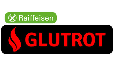 grün-kleines Raiffeisenlogo über rotem Glutot Schriftzug auf schwarzem Grund