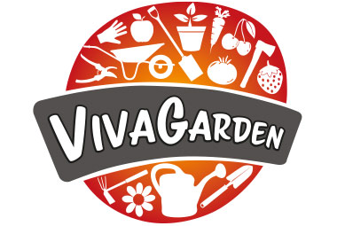 rot-oranger Kreis mit weissen Gartenartikeln mit mittigem Vivagarden Schriftzug auf grauem Grund