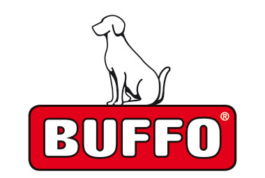 einfach gezeichneter sitzender Hund oberhalb des rot-weissen BUFFO Logos