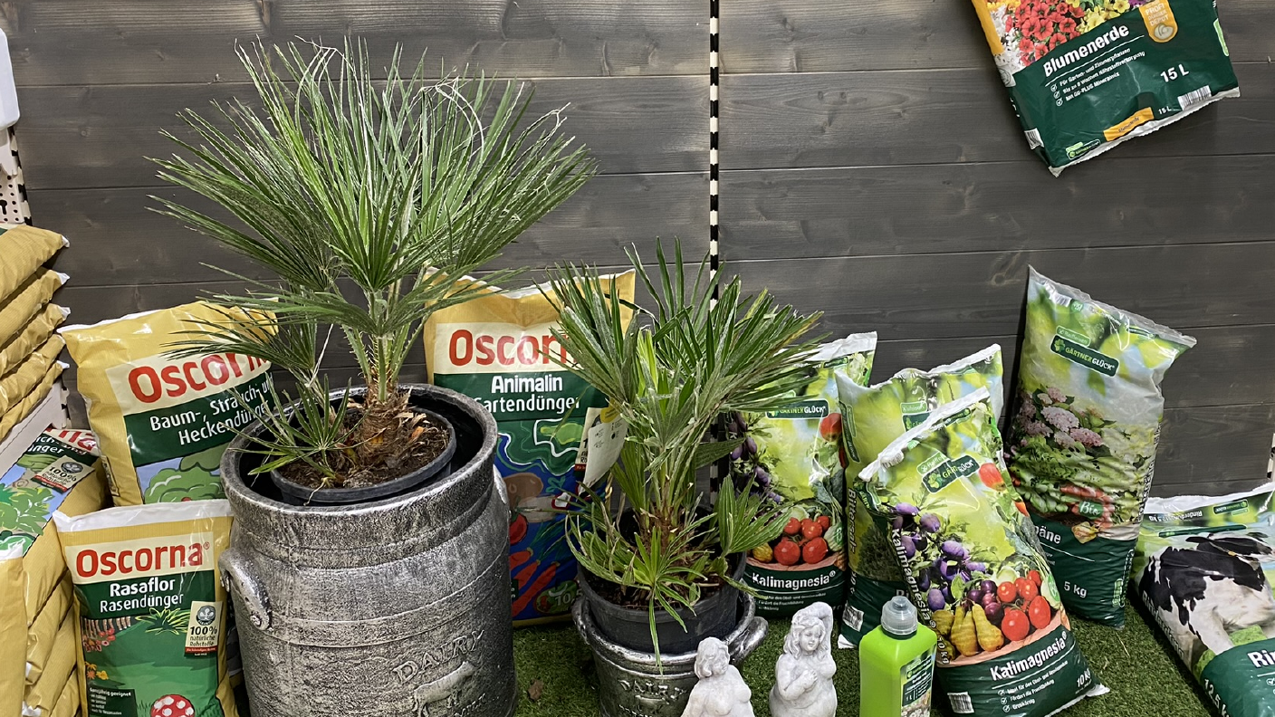 verschiedene Dünger für den Garten auf der Ausstellfläche