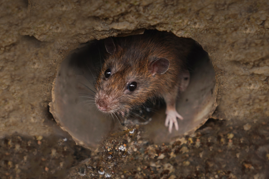 Eine Ratte schaut aus einem Rohr in der Wand