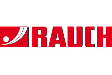 Rauch-Logo in Rot mit stilisierter Streugrafik
