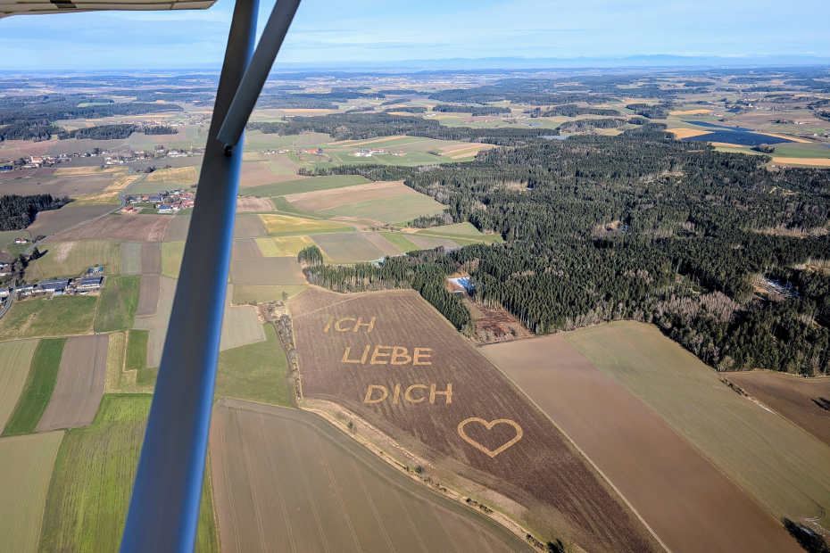 Luftbildaufnahme eines Ackers, auf dem die Worte "Ich liebe dich" und ein Herz eingearbeitet wurden.