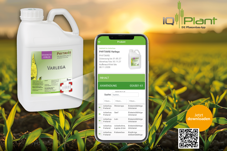Smartphone mit der AGRAVIS-App IQ-Plant auf dem Bildschirm, daneben ein Pflanzenschutzkanister.