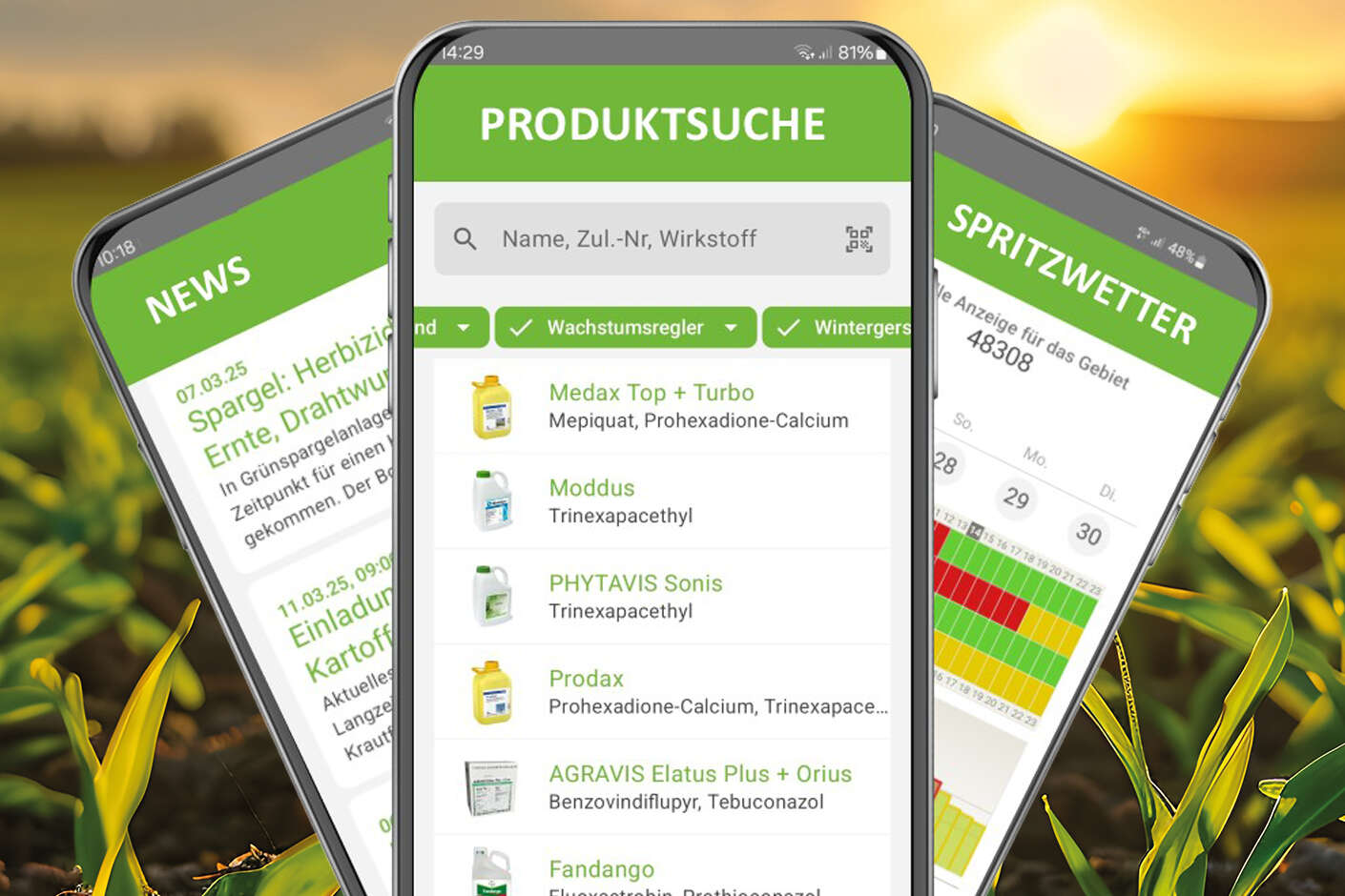 Darstellung IQ-Plant-App auf einem Smartphone mit den Anwendungen 