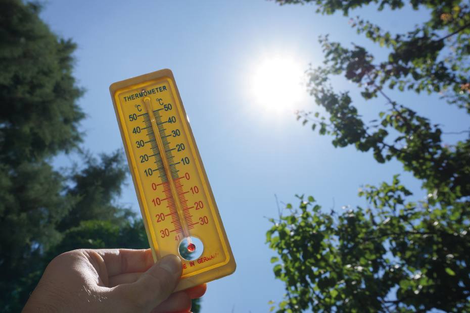 Ein Thermometer in einer Hand vor blauem Himmel und Sonne