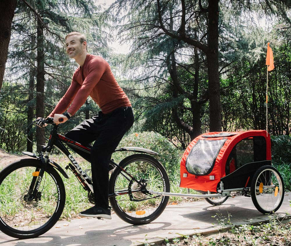 Radfahrer fährt mit Hundeanhänger durch den Wald.