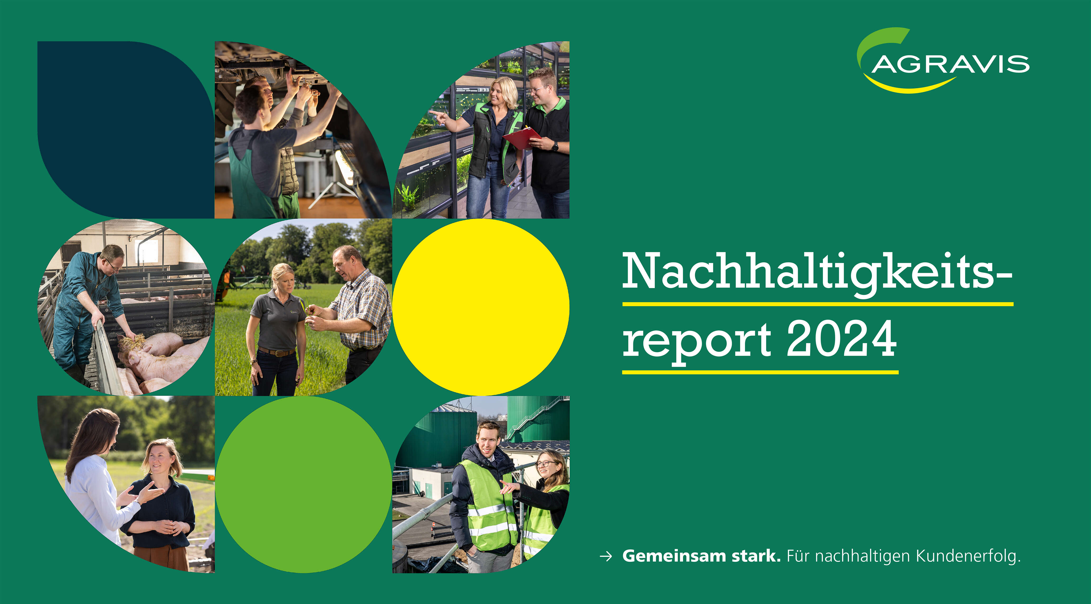 Titelbild AGRAVIS-Nachhaltigkeitsreport 2024 mit Szenen aus den Geschäftsbereichen