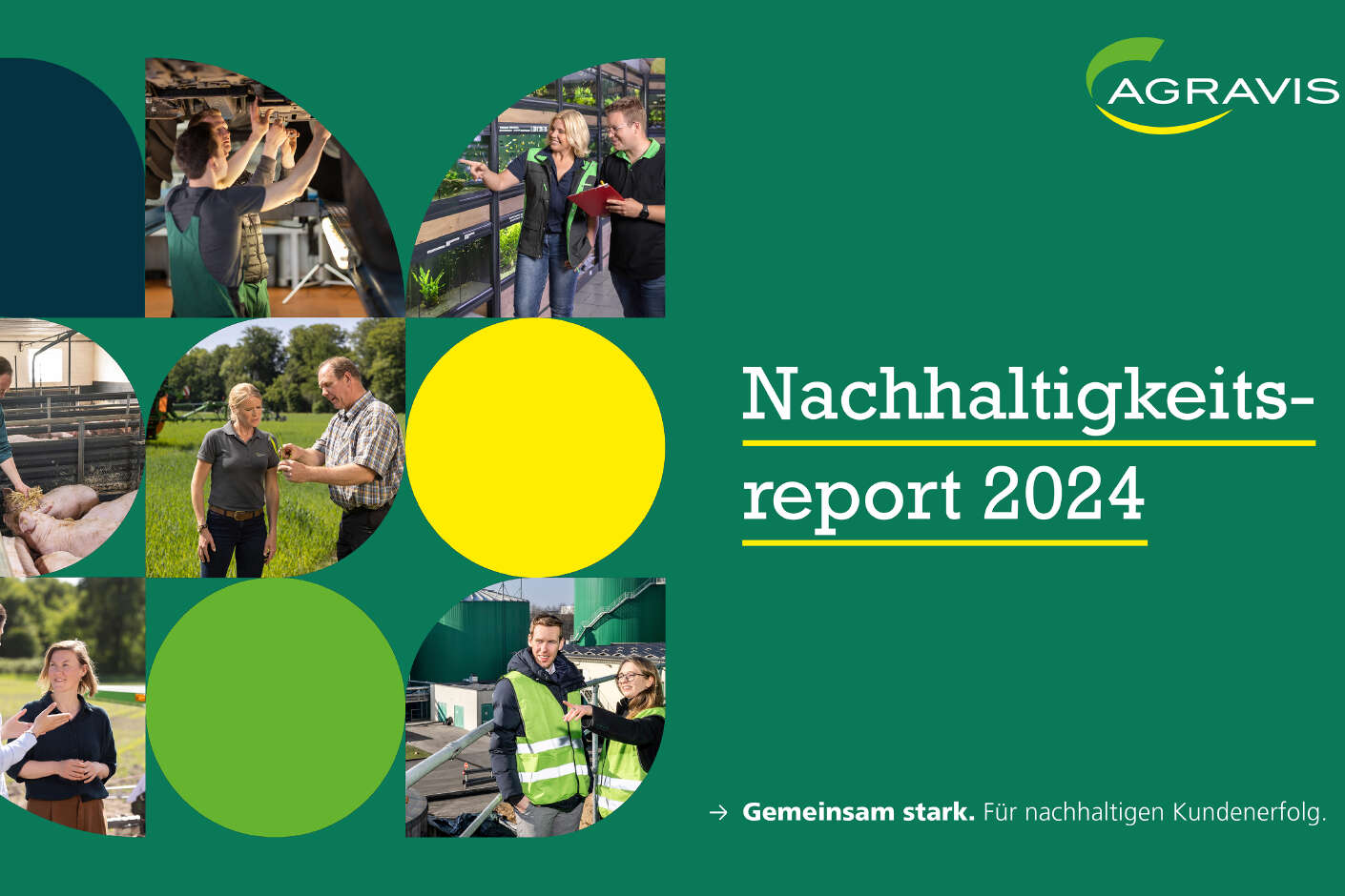 Titelbild AGRAVIS-Nachhaltigkeitsreport 2024 mit Szenen aus den Geschäftsbereichen