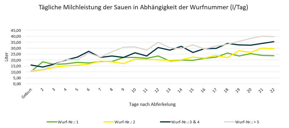 Grafik, die zeigt, dass die tägliche Milchleistung einer Sau mit jedem Wurf etwas ansteigt.