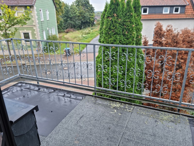 Kleiner Balkon mit schmiedeeisernem Geländer und Blick ins Wohngebiet.