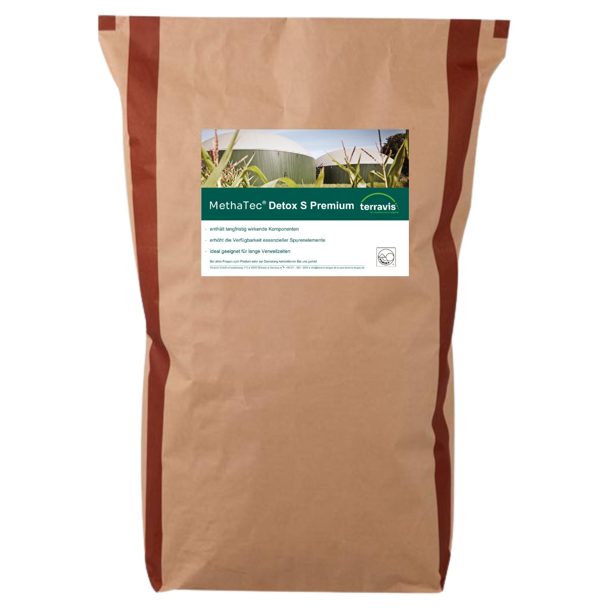 Brauner Papiersack mit grün-weißem Etikett „MethaTec® Detox S Premium“