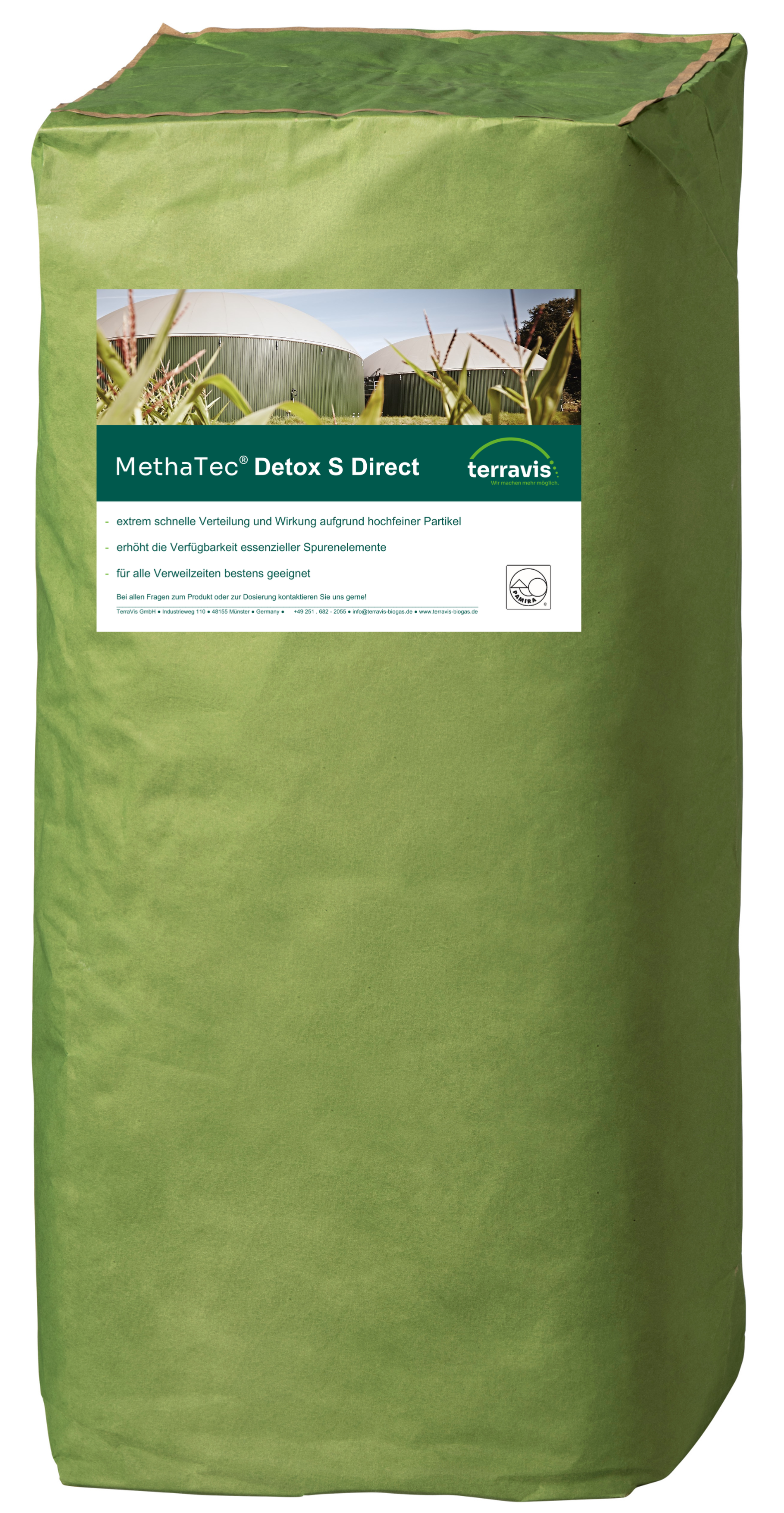 Grüner Sack mit Produktetikett „MethaTec® Detox S Direkt“ von TerraVis