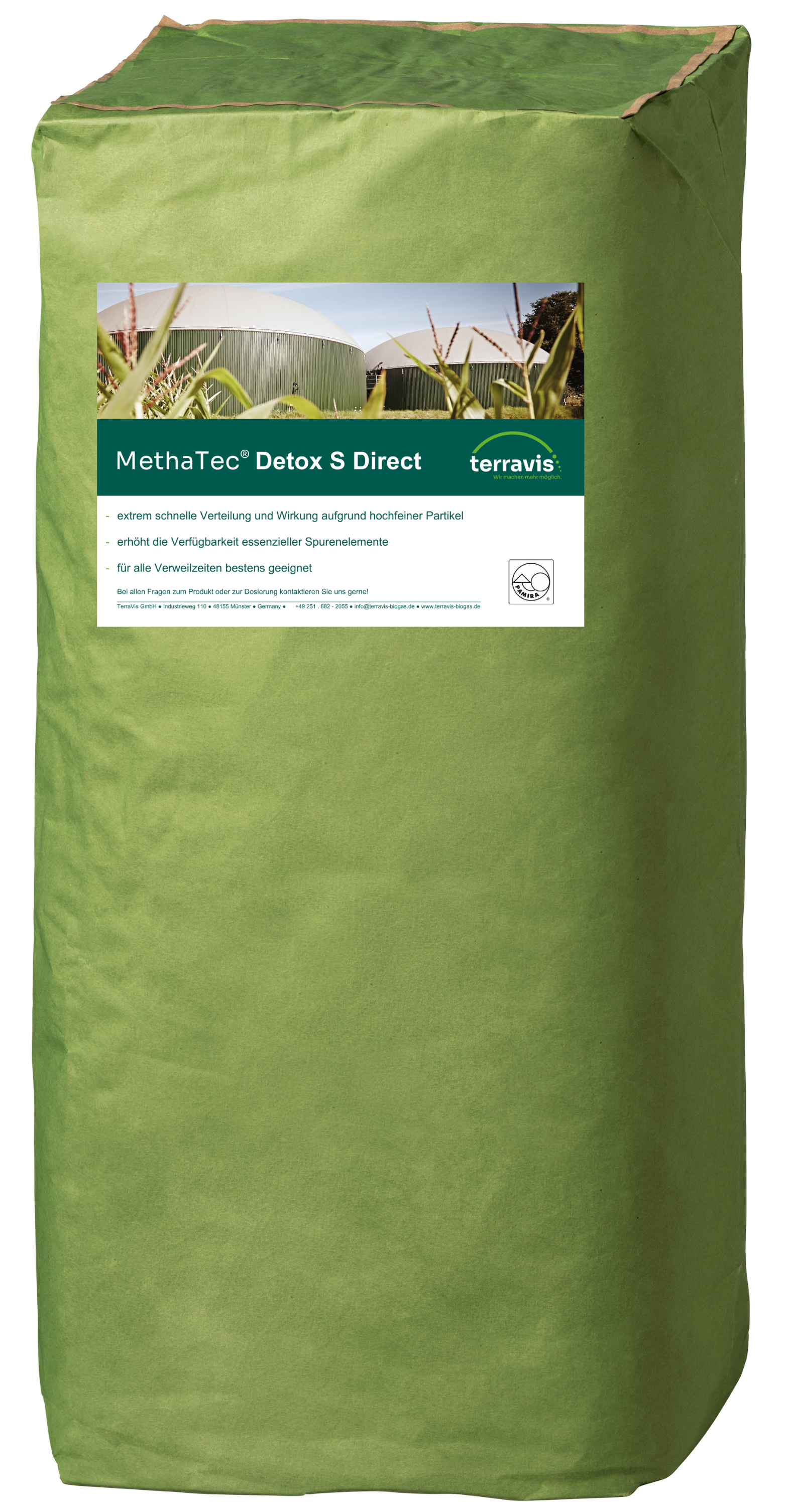 Grüner Sack mit Produktetikett „MethaTec® Detox S Direkt“ von TerraVis