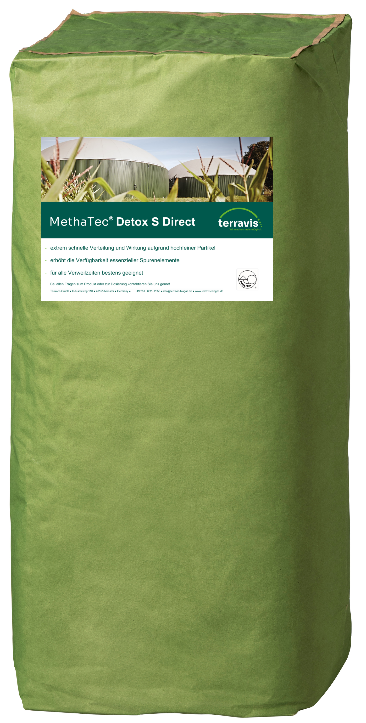 Grüner Sack mit Produktetikett „MethaTec® Detox S Direkt“ von TerraVis