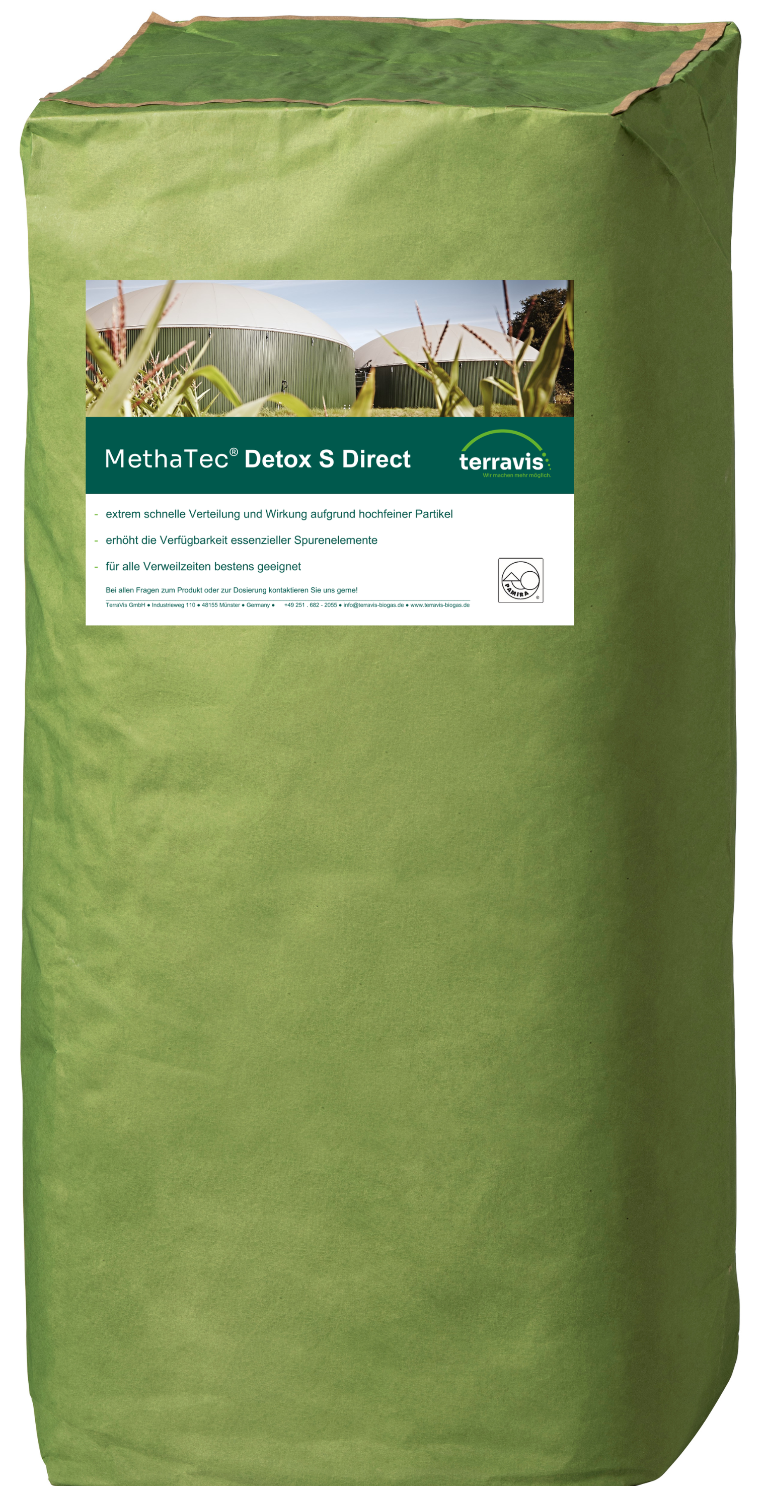 Grüner Sack mit Produktetikett „MethaTec® Detox S Direkt“ von TerraVis