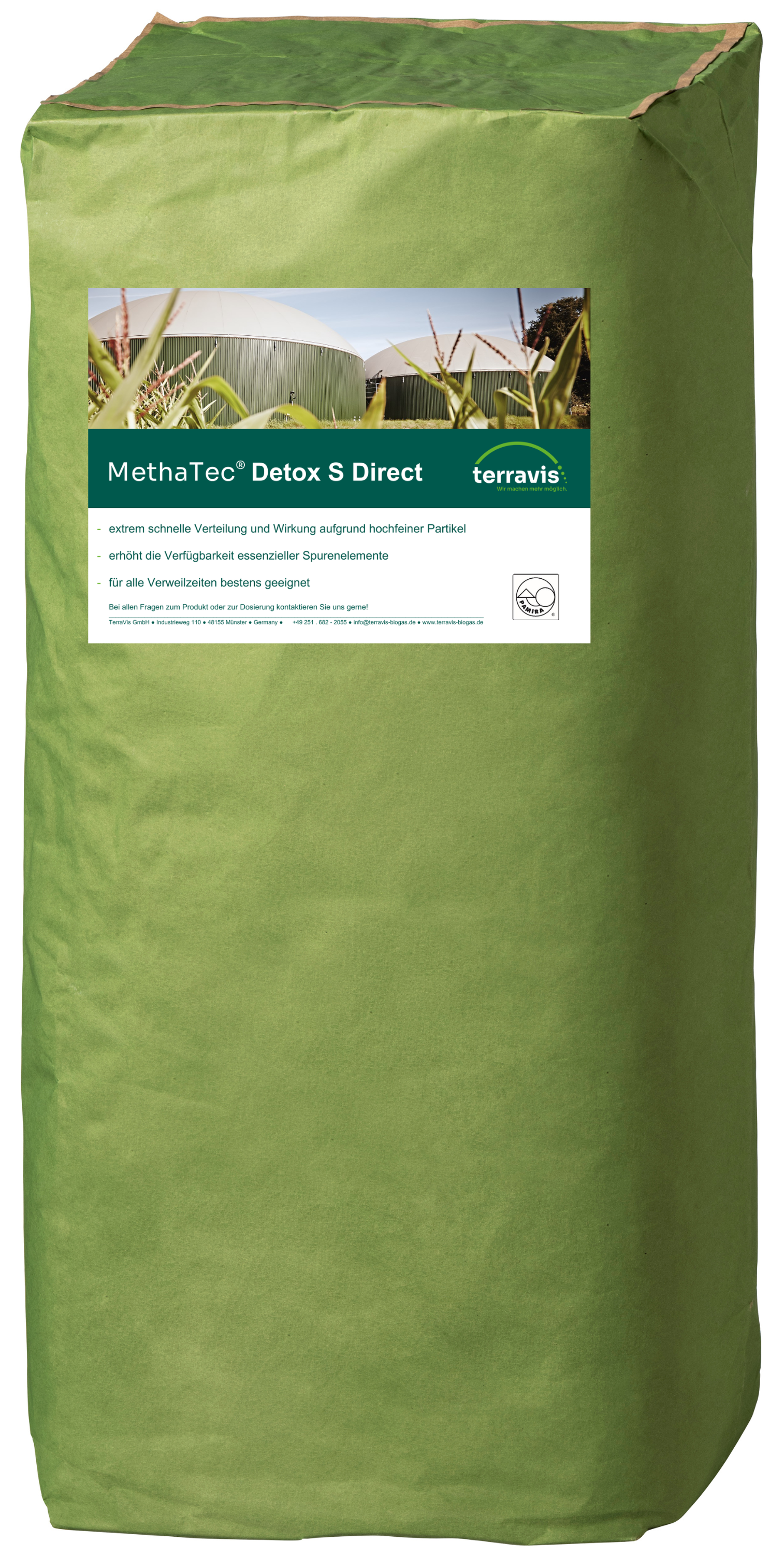 Grüner Sack mit Produktetikett „MethaTec® Detox S Direkt“ von TerraVis
