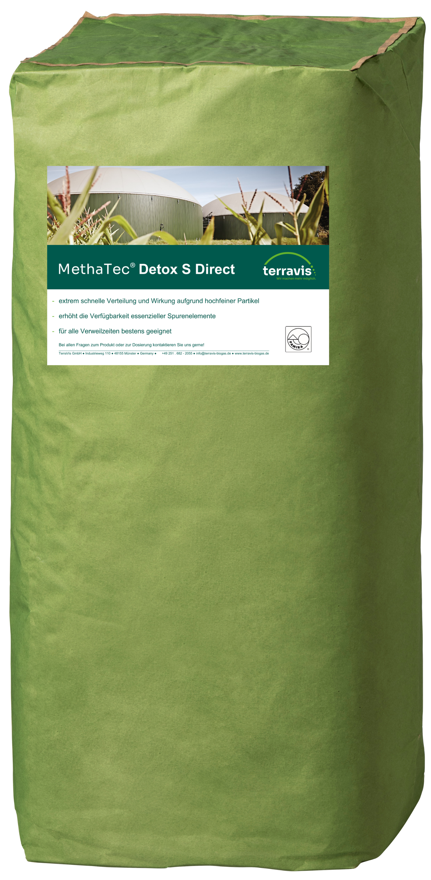 Grüner Sack mit Produktetikett „MethaTec® Detox S Direkt“ von TerraVis