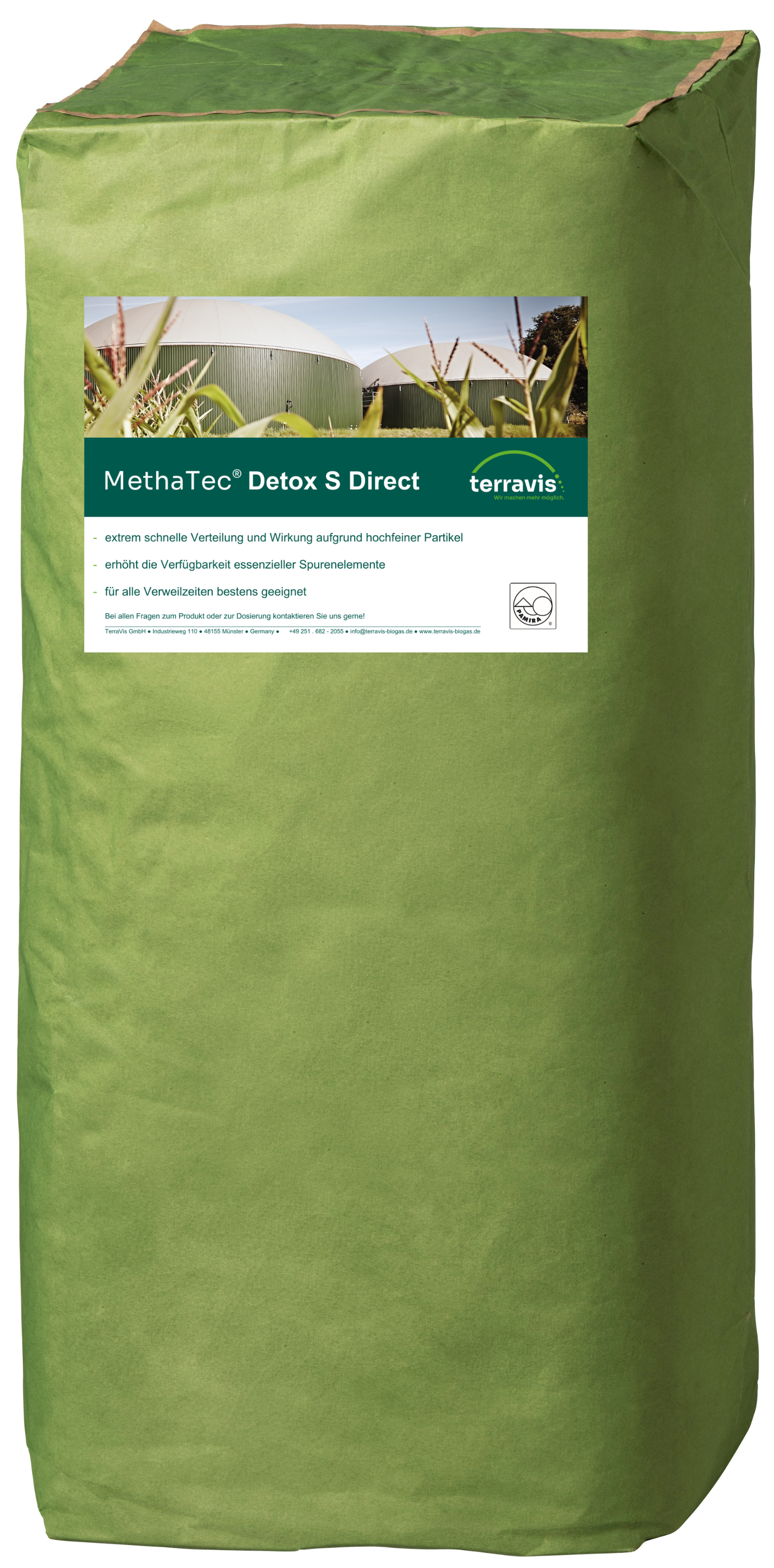 Grüner Sack mit Produktetikett „MethaTec® Detox S Direkt“ von TerraVis