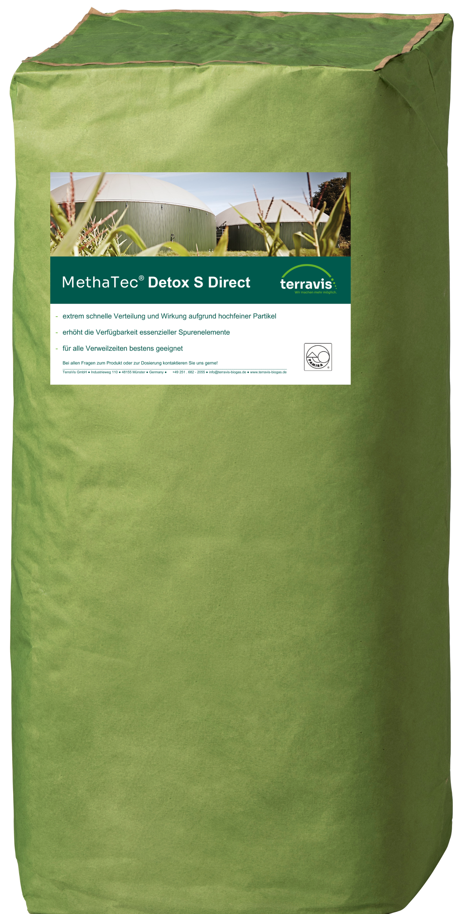 Grüner Sack mit Produktetikett „MethaTec® Detox S Direkt“ von TerraVis