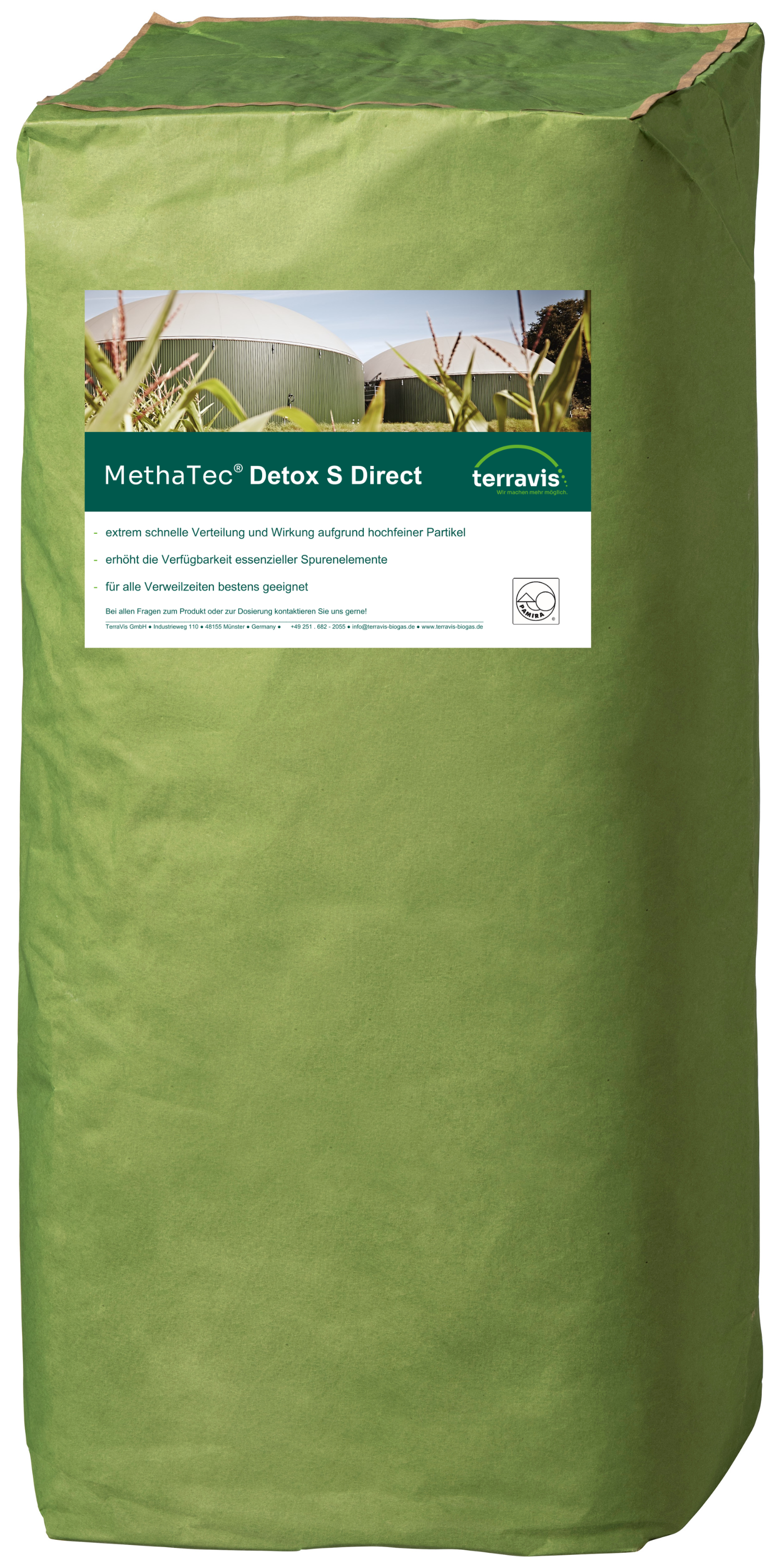 Grüner Sack mit Produktetikett „MethaTec® Detox S Direkt“ von TerraVis