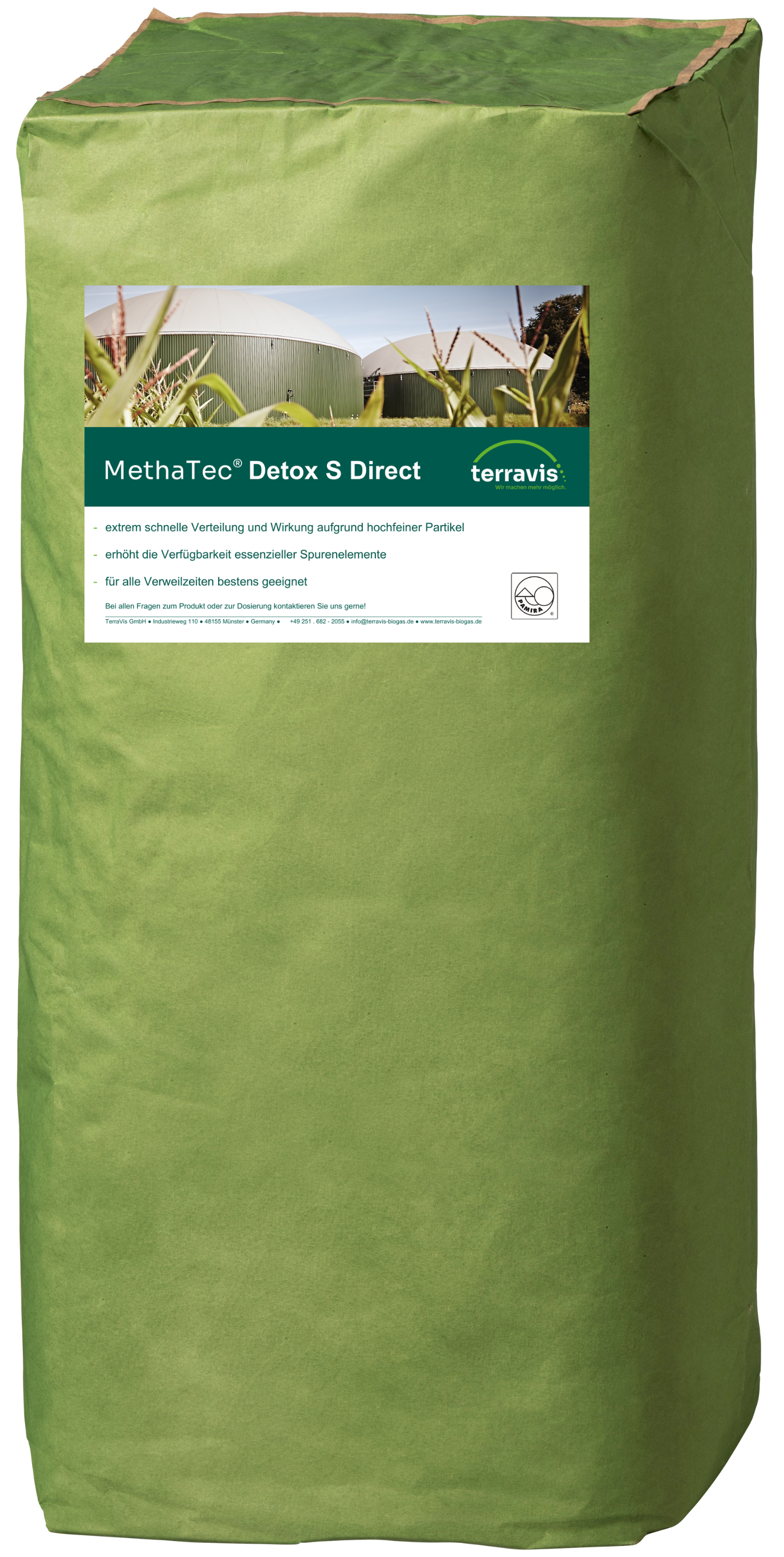 Grüner Sack mit Produktetikett „MethaTec® Detox S Direkt“ von TerraVis