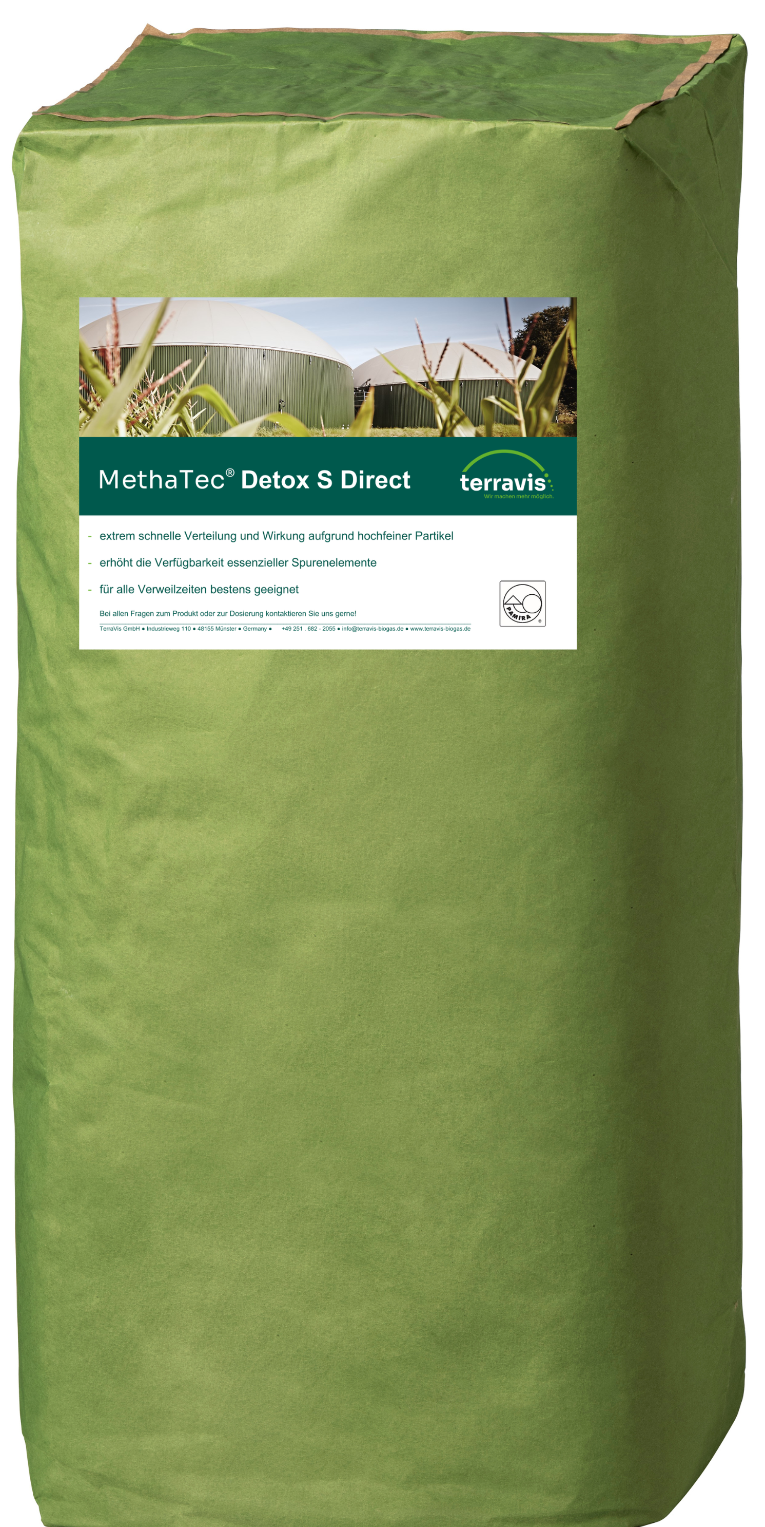 Grüner Sack mit Produktetikett „MethaTec® Detox S Direkt“ von TerraVis