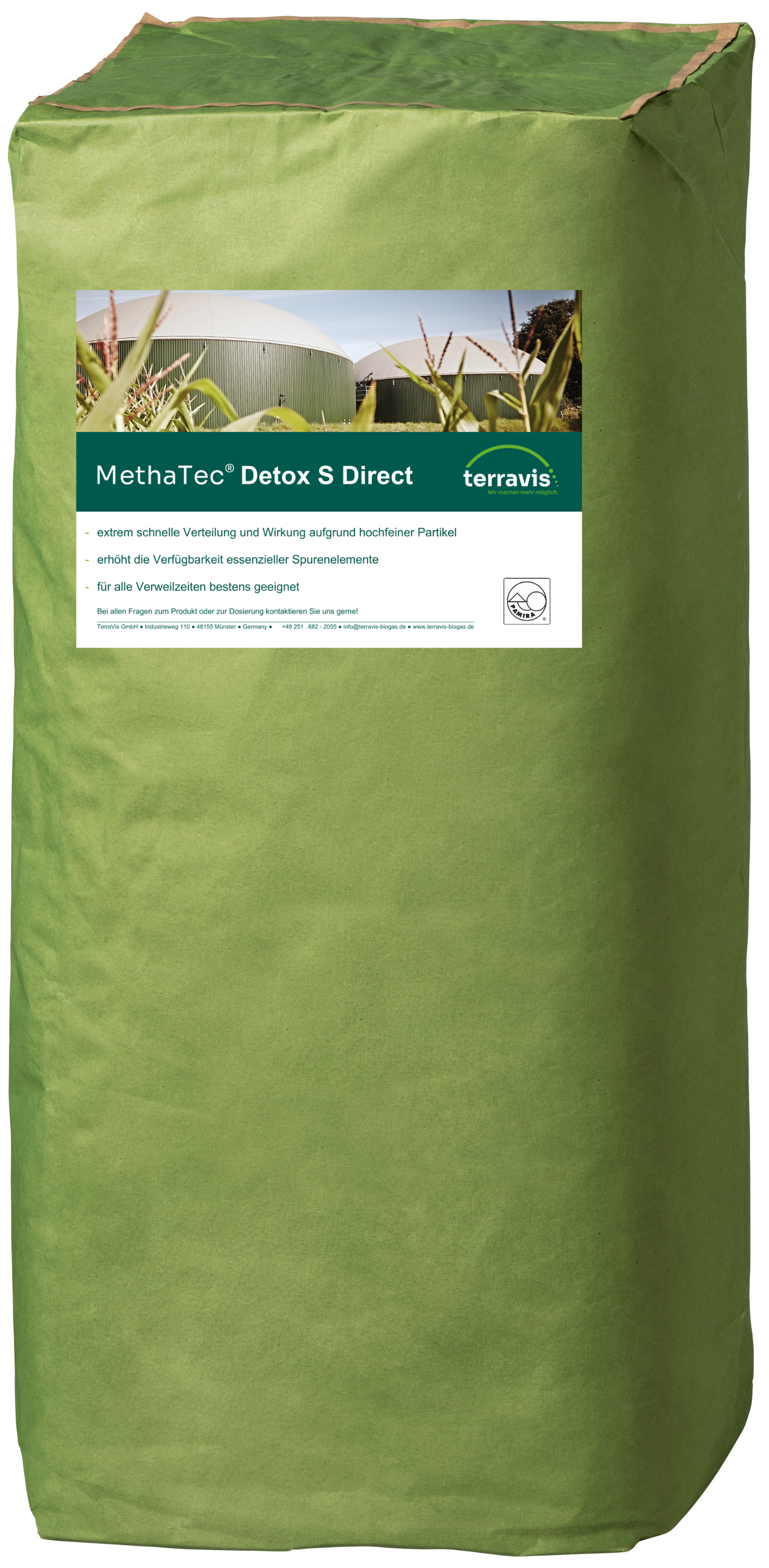 Grüner Sack mit Produktetikett „MethaTec® Detox S Direkt“ von TerraVis