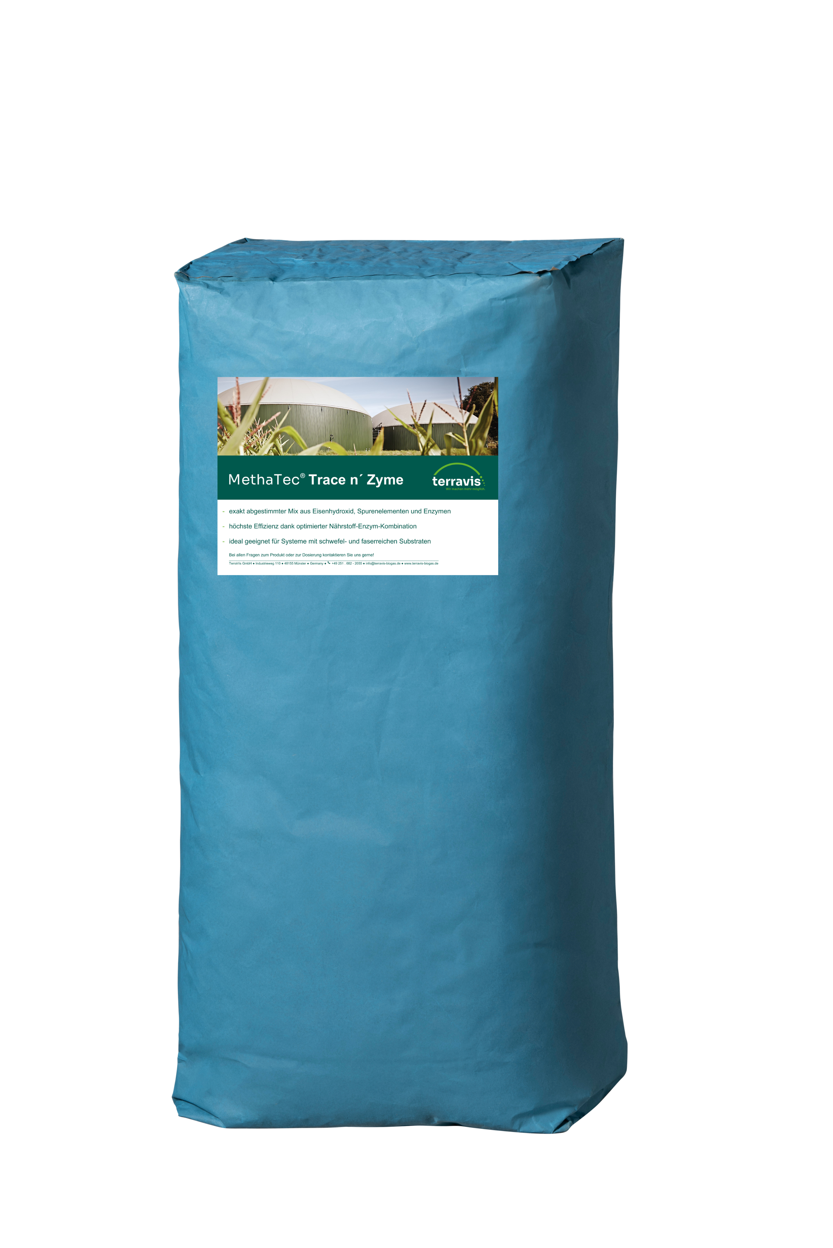 Blauer Sack mit dem Etikett „MethaTec® Trace n Zyme“ von TerraVis