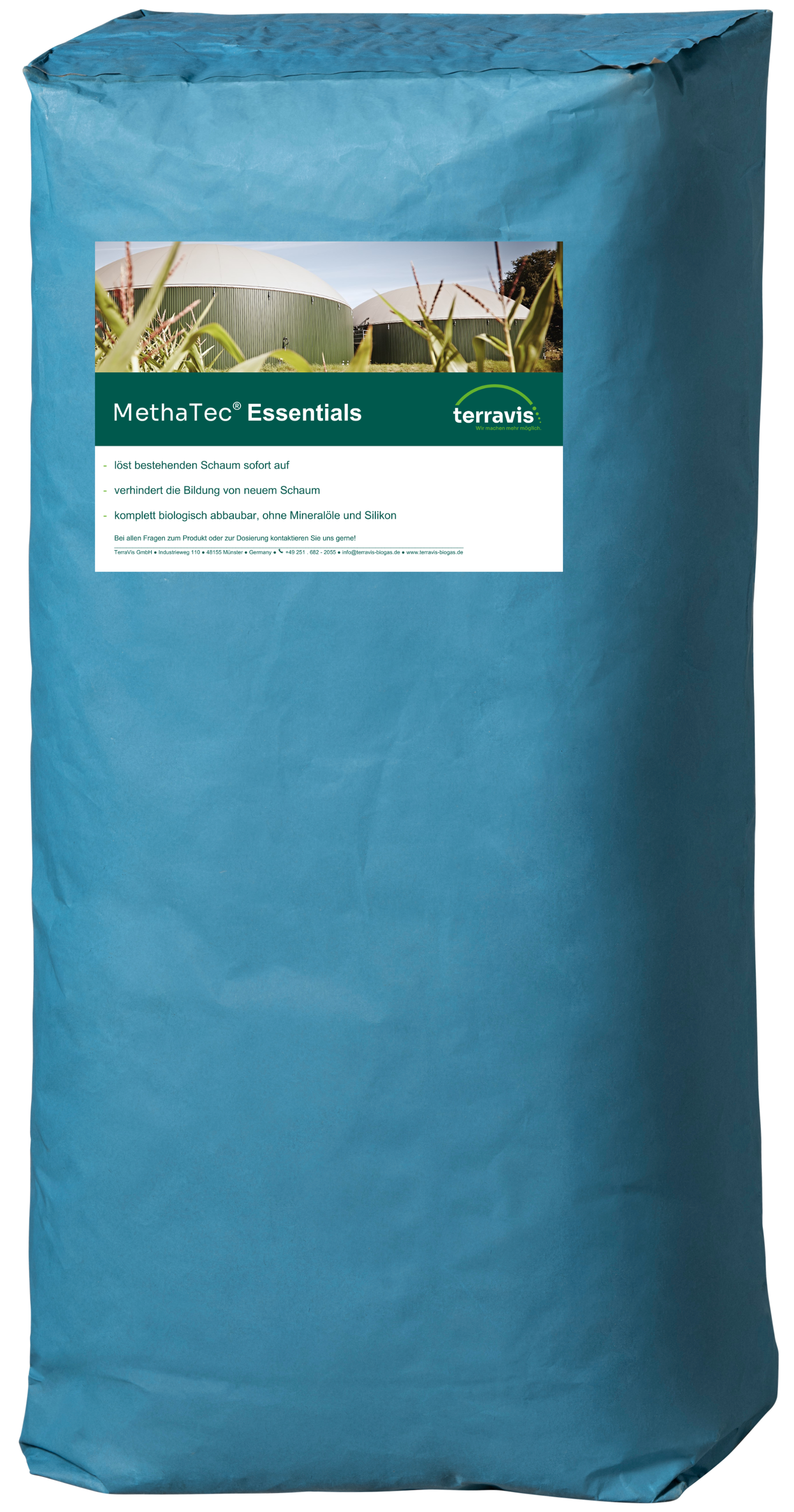 Blauer Sack mit Produktetikett „MethaTec® Essentials“ von TerraVis