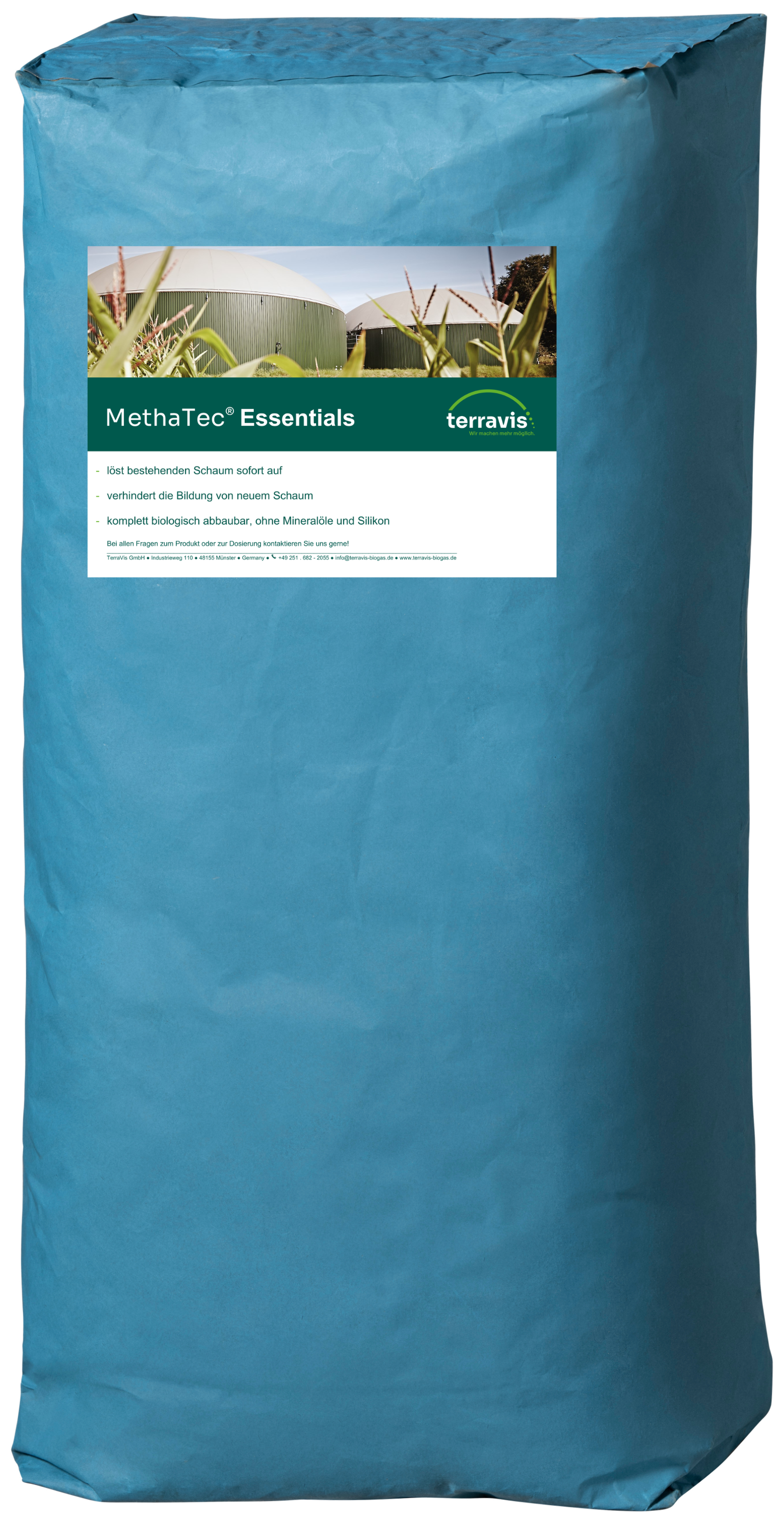 Blauer Sack mit Produktetikett „MethaTec® Essentials“ von TerraVis