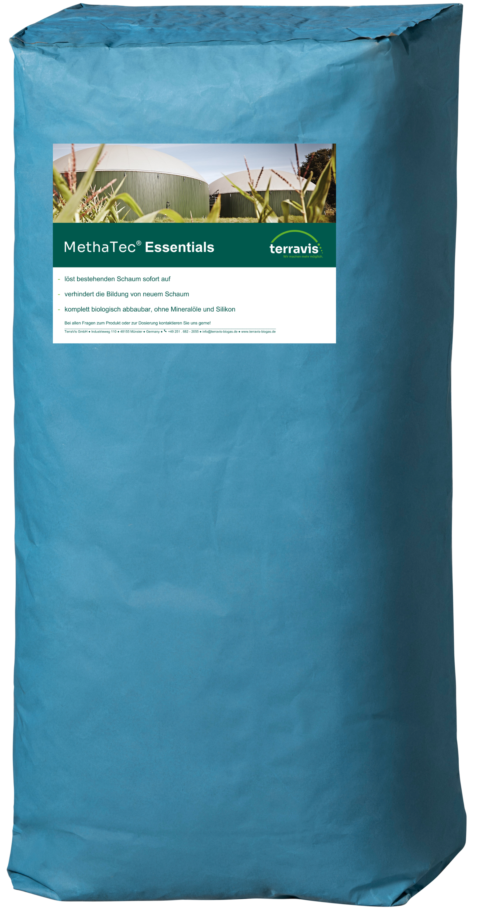 Blauer Sack mit Produktetikett „MethaTec® Essentials“ von TerraVis