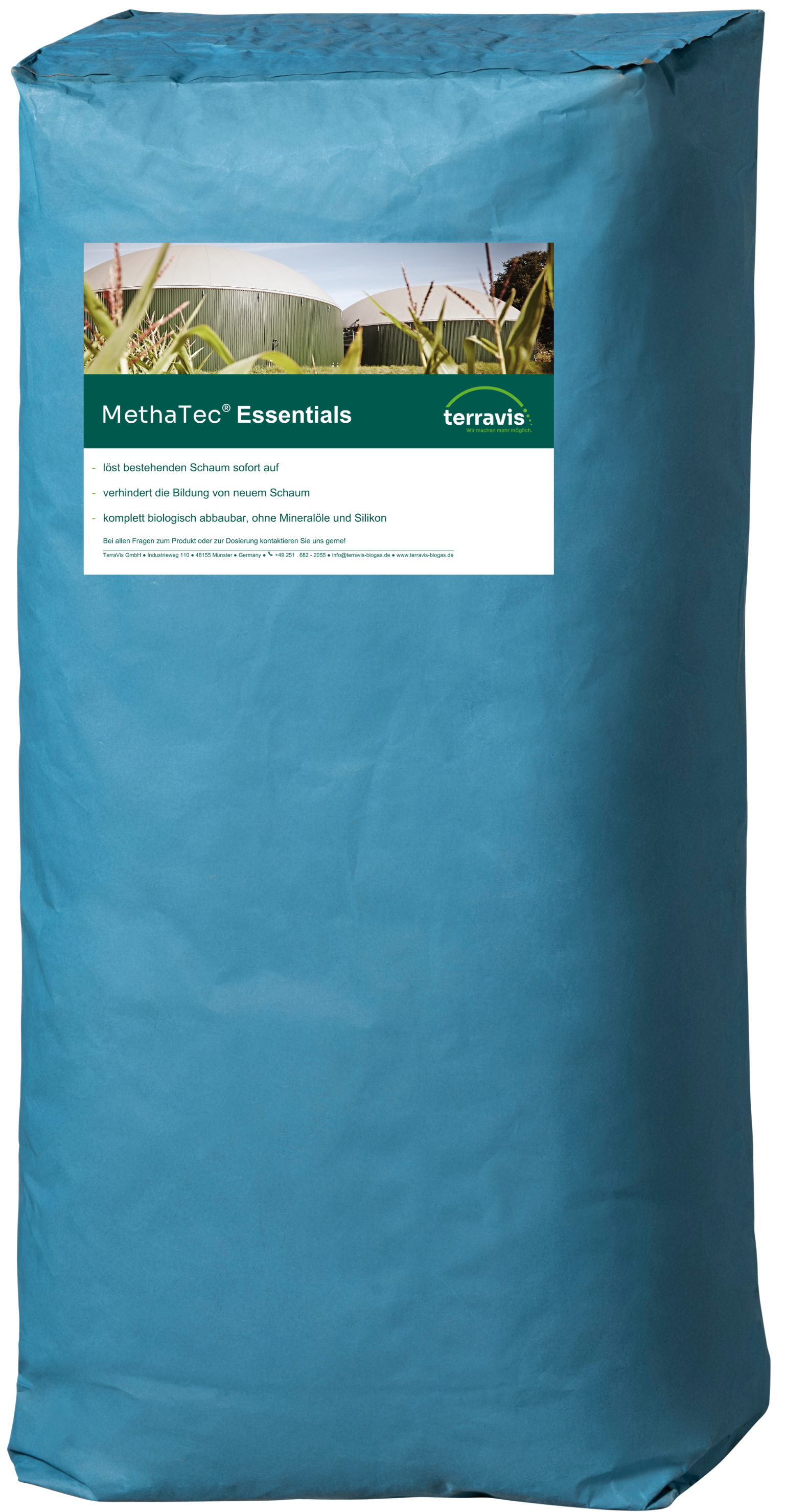 Blauer Sack mit Produktetikett „MethaTec® Essentials“ von TerraVis