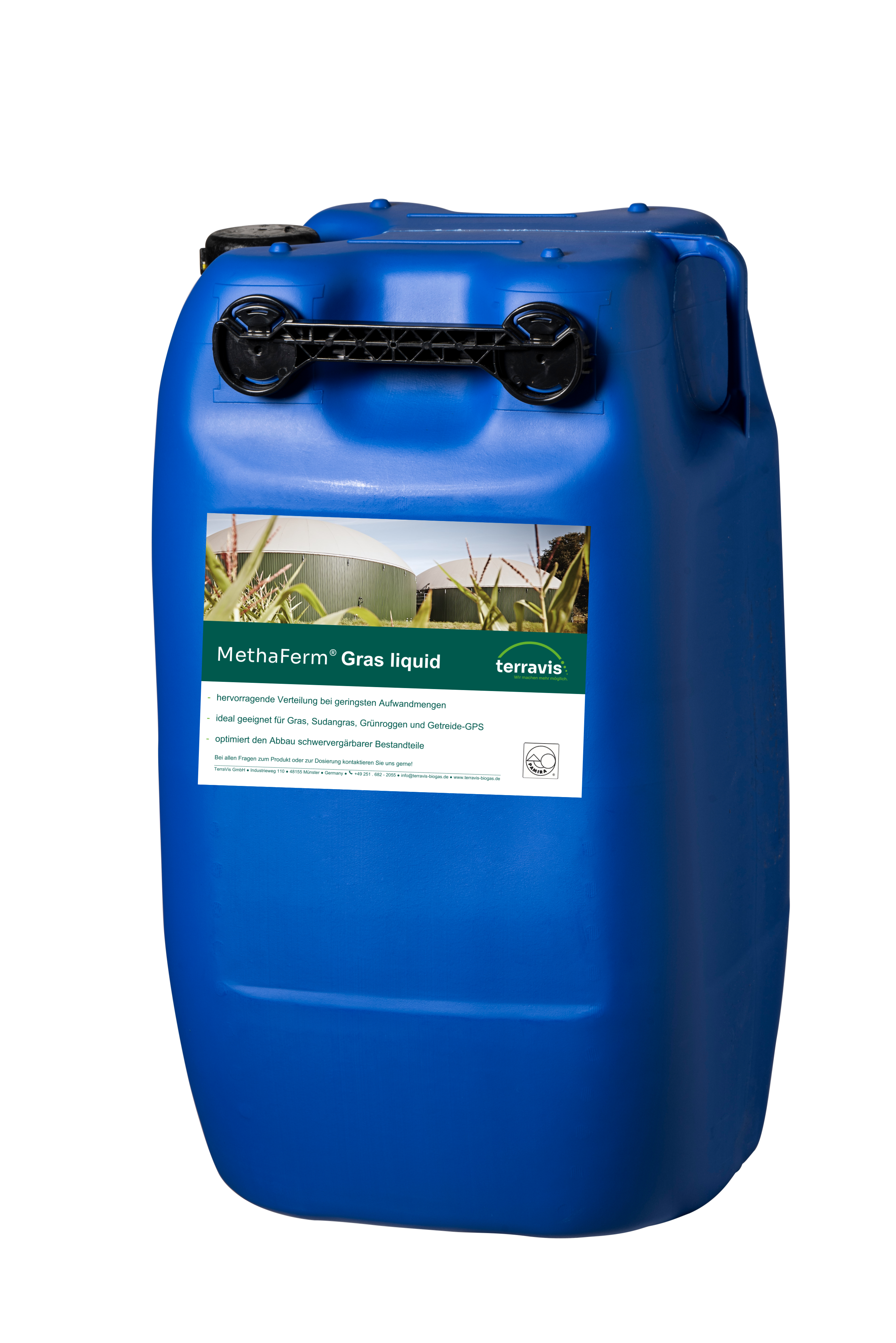 Blauer Kunststoffkanister mit dem Etikett „MethaFerm® Gras liquid“ von TerraVis