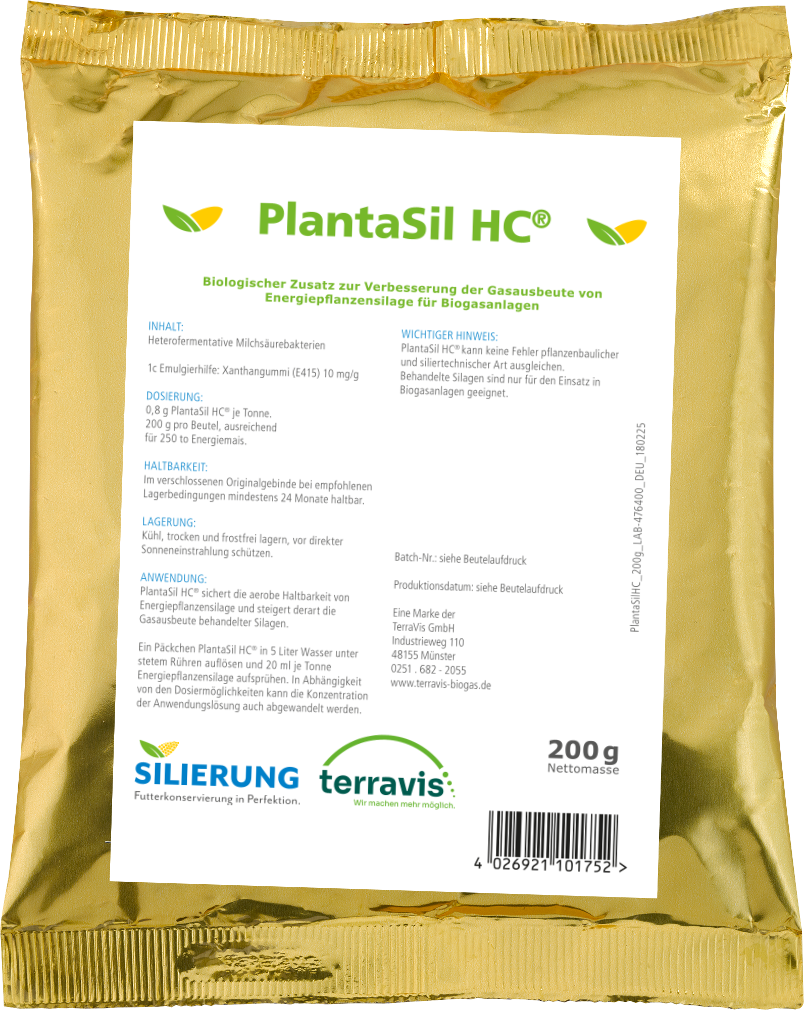 Goldfarbener Portionsbeutel mit weißem Etikett „PlantaSil HC®“ von TerraVis