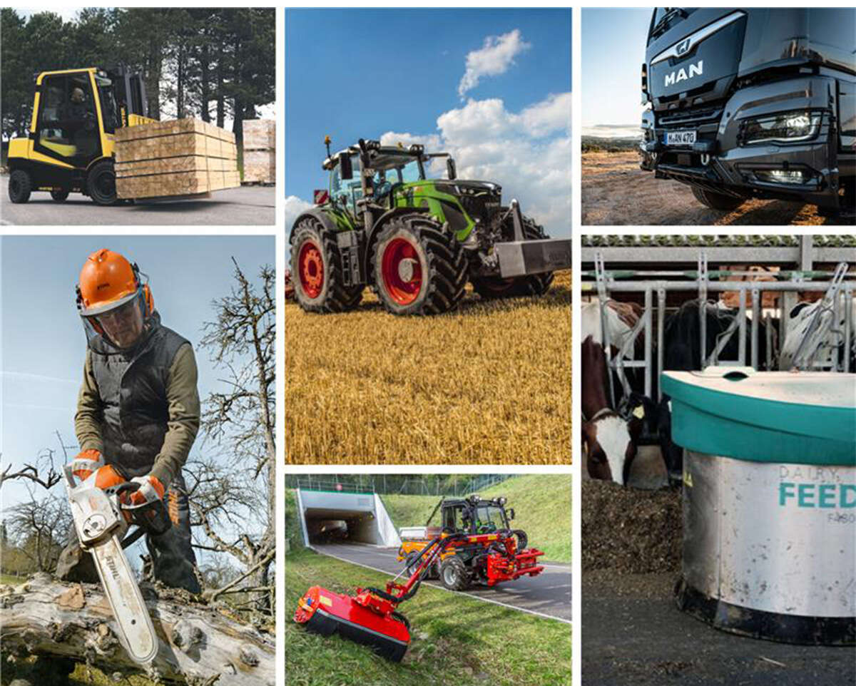 Collage aus 6 Bildern: Gabelstapler, Schlepper, Kettensäge, MAN-Nutzfahrzeug, Fütterungstechnik