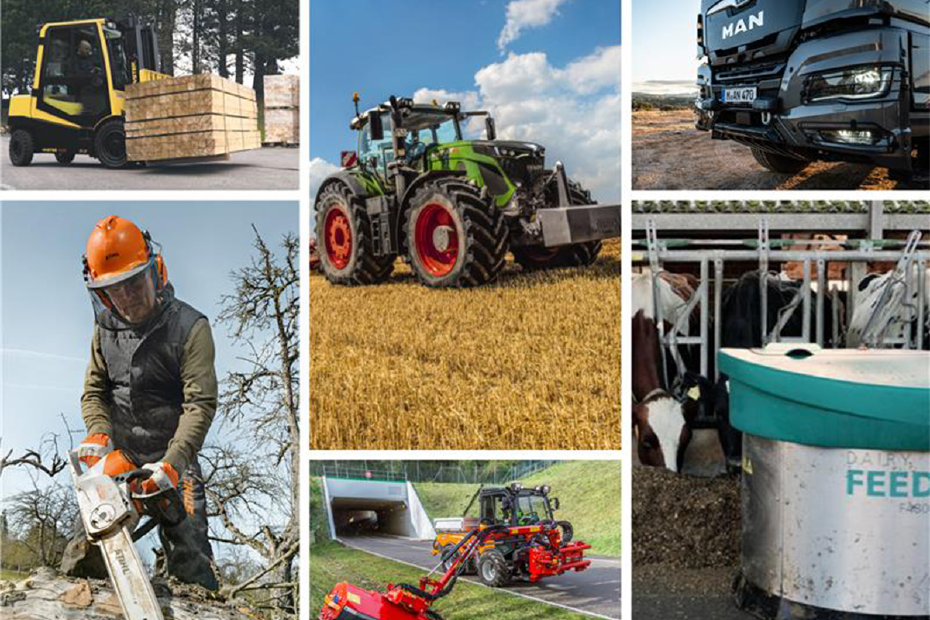 Collage aus 6 Bildern: Gabelstapler, Schlepper, Kettensäge, MAN-Nutzfahrzeug, Fütterungstechnik