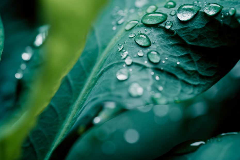 Ein grünes Blatt, von dem Wasser abperlt.