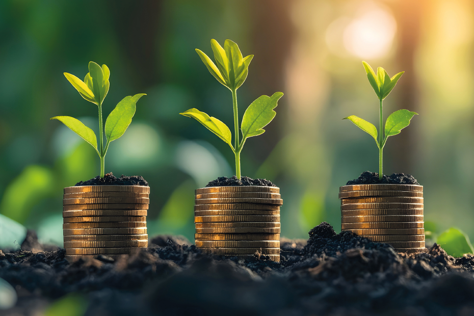 Drei Münzstapel wachsen aus der Erde mit junger Pflanze 