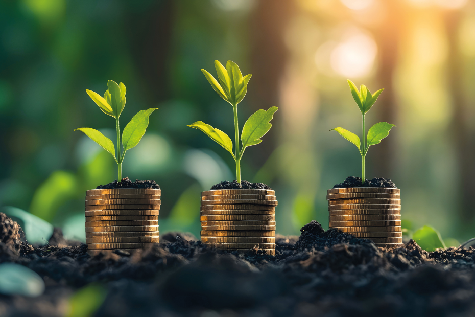 Drei Münzstapel wachsen aus der Erde mit junger Pflanze 